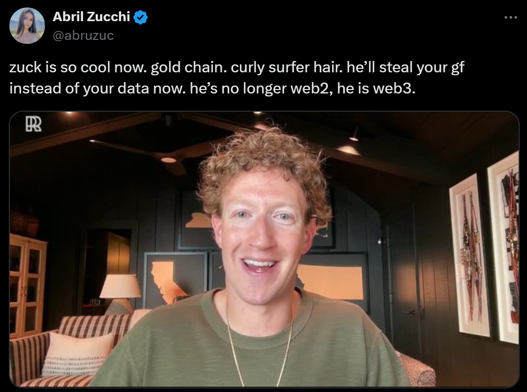 Meta - Abril Zucchi zuck is so cool now. gold chain. curly surfer hair. he'll steal your gf instead of your data now. he's no longer web2, he is web3. B Rr B